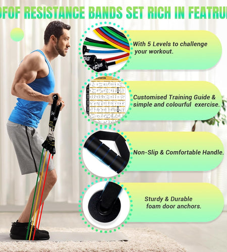 Resistance Bands Set with Handles, Exercise Bands Workout Bands Fitness Bands with Door Anchor, Legs Ankle Straps for Resistance Training，Physical Therapy，Home Gym Workout
