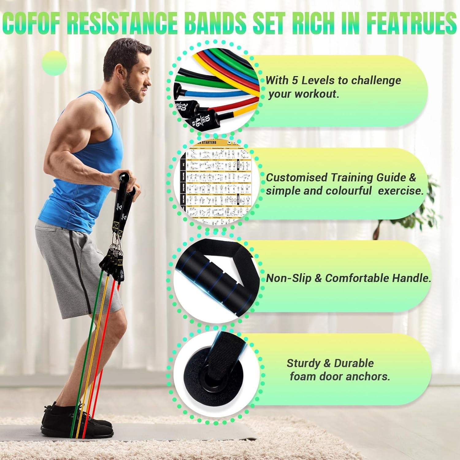 Resistance Bands Set with Handles, Exercise Bands Workout Bands Fitness Bands with Door Anchor, Legs Ankle Straps for Resistance Training，Physical Therapy，Home Gym Workout