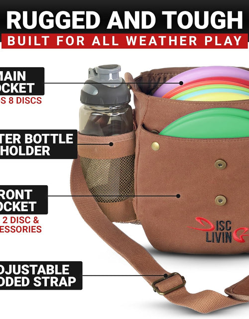 Load image into Gallery viewer, Disc Golf Bag | Frisbee Golf Bag | Easy to Carry | Lightweight Fits up to 10 Discs | 16 Oz Waxed Canvas Sturdy Design | Belt Loop | Double Button Design | Bottle Holder
